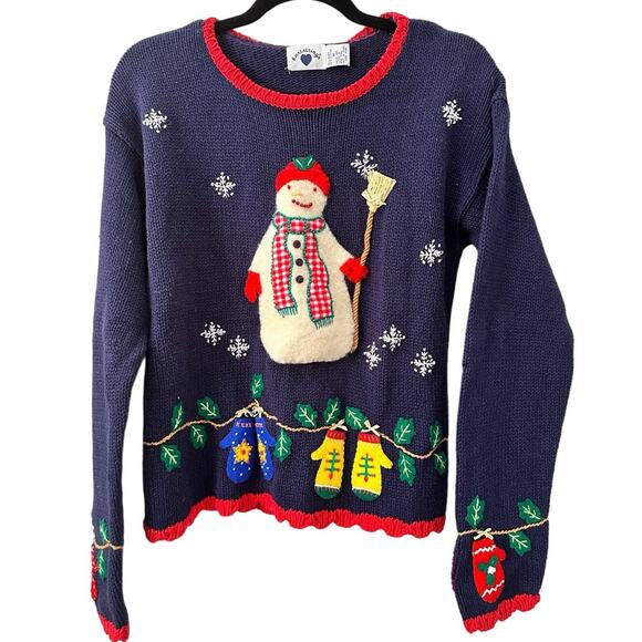 Vtg Ugly Christmas Sweater Medium Navy Knit Ramie Cotton Snowman Blue Mittens 3D - Picture 1 of 7